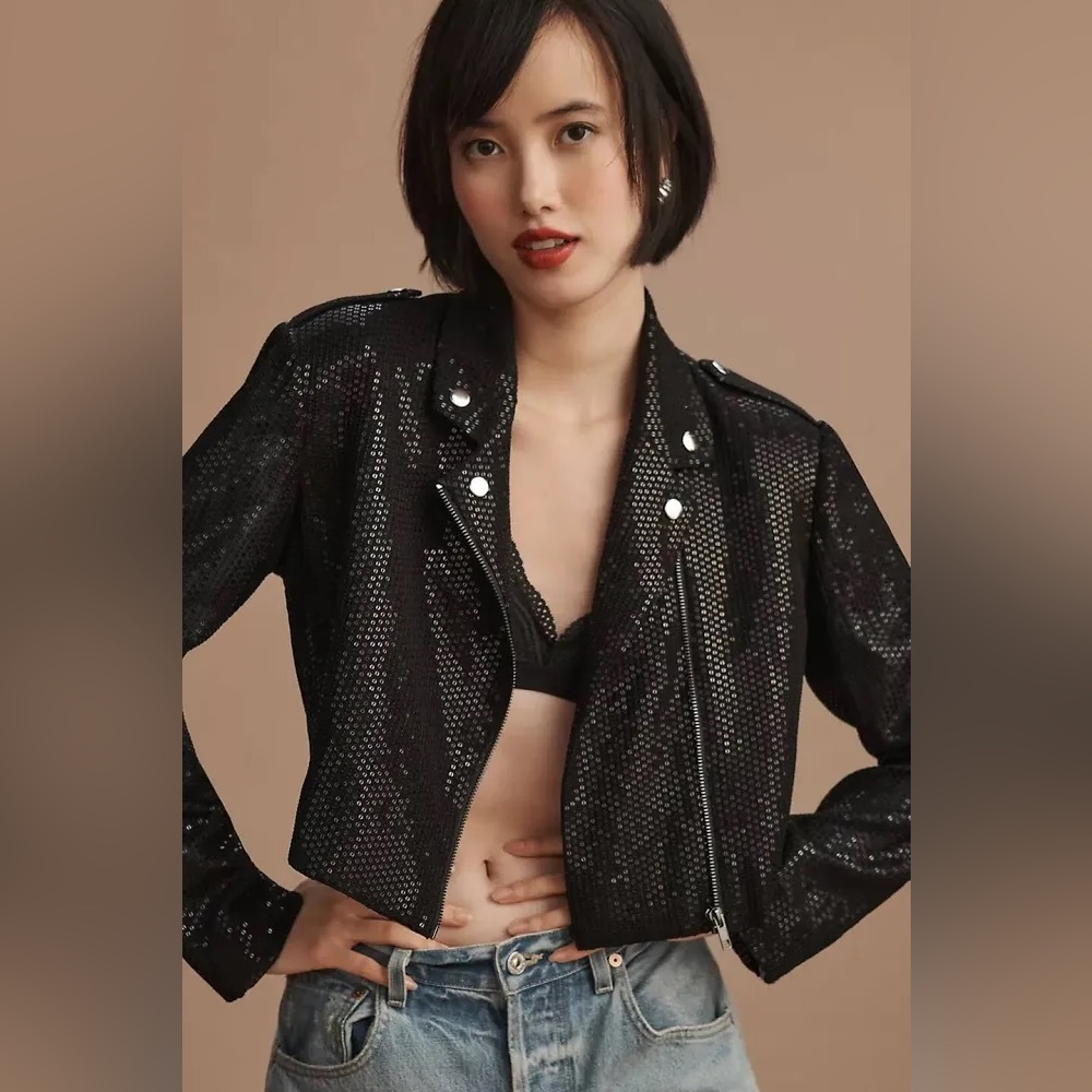 By Anthropologie Black Sequin Cropped Moto Jacket Small NWT Going Out Night Life
